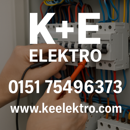 Werbung für K+E Elektro – Elektrobetrieb in Frankfurt und Umgebung mit Telefonnummer und Website. Spezialist für Altbausanierung.