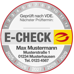 Zertifikat mit Informationen zum E-Check und Kontaktdaten von Max Mustermann.