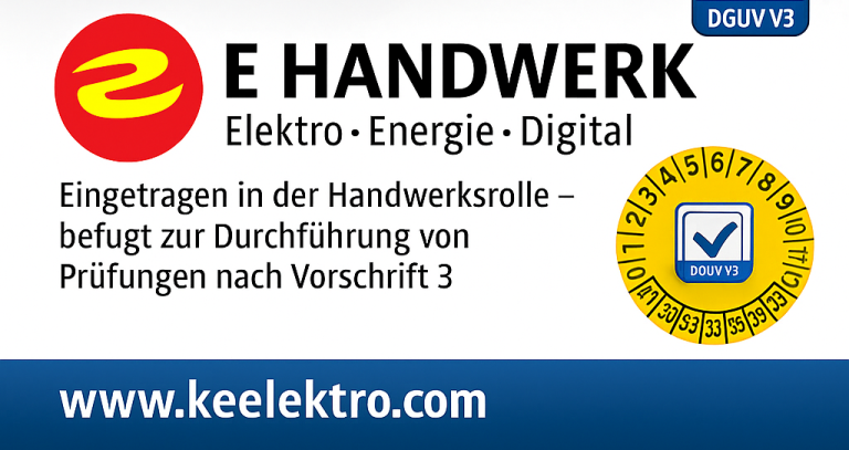 Logo E-Handwerk mit DGUV V3 Prüfzeichen – Elektrofachbetrieb für Sicherheitsprüfungen nach Vorschrift 3.